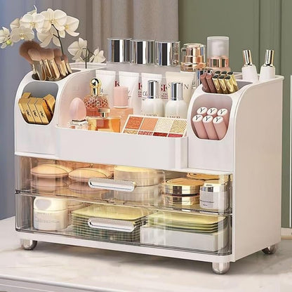 Makeup Organizer with 2 Drawers, Cosmetic Display Case, Storage Holder for Vanity, Bathroom Counter, Desk, Beauty Supplies (White)
