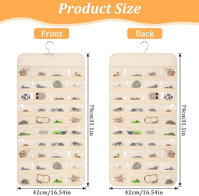 4 Pack Hanging Jewelry Organizer with 80 Clear Pockets, Double-Sided Hanger for Closet Door Wall, Beige Jewelry Holder for Earrings, Necklaces, Bracelets