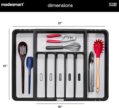 madesmart Expandable Silverware Tray, 8 Compartment Silverware Organizer for Forks, Knives & Spoons, Non Slip, Soft Grip Base, Expands to Fit Most Drawers, Carbon