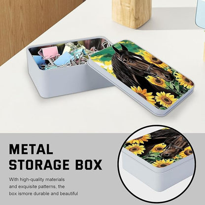 Metal Tin Box with Lid for Game Cards Home Organizer Candles Keys Crafts Storage - Equipped with 4 Magnetic Cord Clips，Horses and Sunflowers