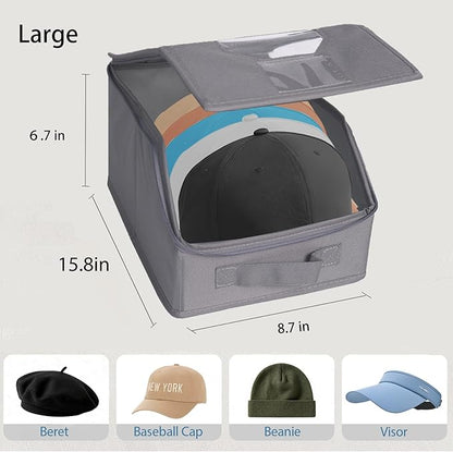 2 Pcs Stackable Baseball Cap Organizer, Washable Foldable Oxford Cloth, Smooth Durable Metal Zipper Hat Storage Holder for Closet, Holds 24 Caps with Large Clear Window, Hat Box for Home Storage