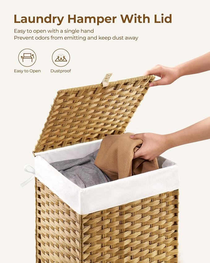 GREENSTELL Laundry Hamper with Lid, 60L Clothes Hamper with 2 Removable Liner Bags & 2 Mesh Laundry Bags, Handwoven Synthetic Rattan Laundry Basket for Clothes, Toys in Bathroom, Bedroom Natural