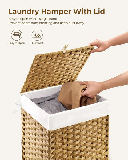 GREENSTELL Laundry Hamper with Lid, 60L Clothes Hamper with 2 Removable Liner Bags & 2 Mesh Laundry Bags, Handwoven Synthetic Rattan Laundry Basket for Clothes, Toys in Bathroom, Bedroom Natural