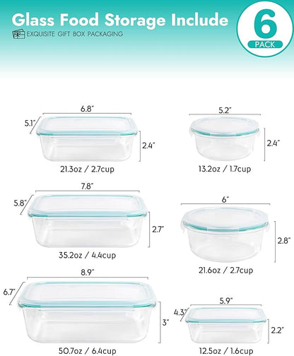 6-Pack Borosilicate Glass Food Storage Containers Set with Airtight Lids - Oven, Microwave & Freezer Safe, Leak-Proof, BPA-Free - Baking, Meal Prep & Gift Ready