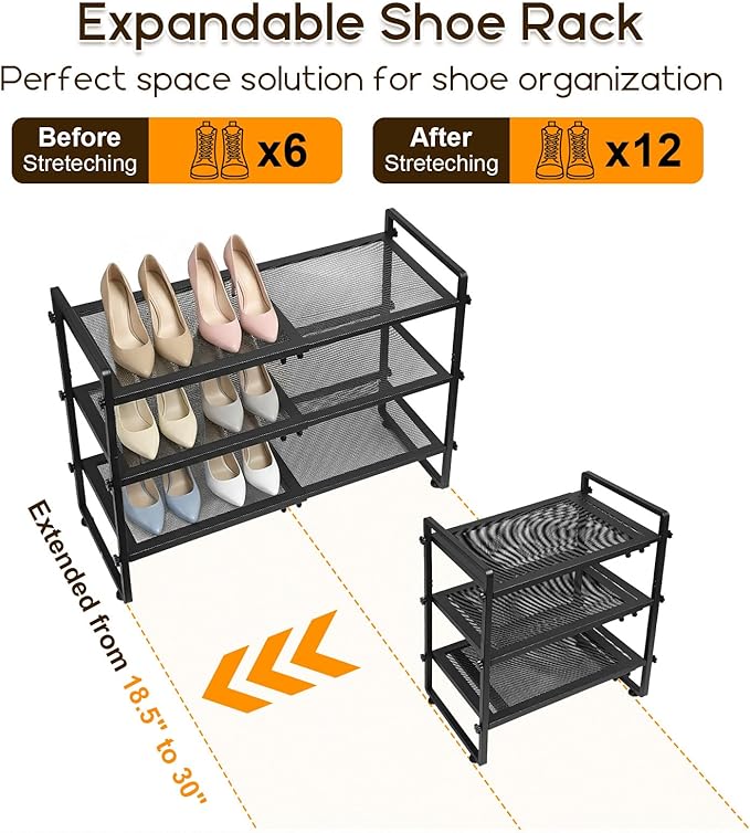 Expandable Shoe Rack for Closet - Shoe Organizer for Entryway, Adjustable Metal Shoe Storage, Stackable Long Shoe Stand Holder for Garage, Hallway, Door Entrance (Black, 3 Tier)