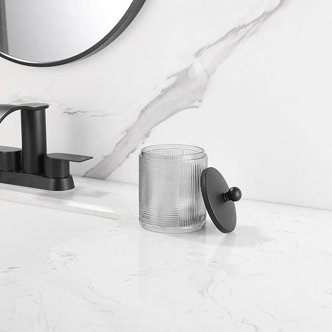 Gray Colored Tranlucent Apothecary Ribbed Geo Etched Glass Jar W/Matte Black Metal Lid Cover for Bathroom Organization, Cotton Balls, Q Tips, and Small Accessories, Bathroom Storage