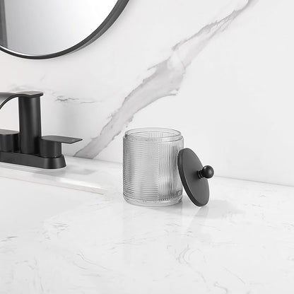 Gray Colored Tranlucent Apothecary Ribbed Geo Etched Glass Jar W/Matte Black Metal Lid Cover for Bathroom Organization, Cotton Balls, Q Tips, and Small Accessories, Bathroom Storage