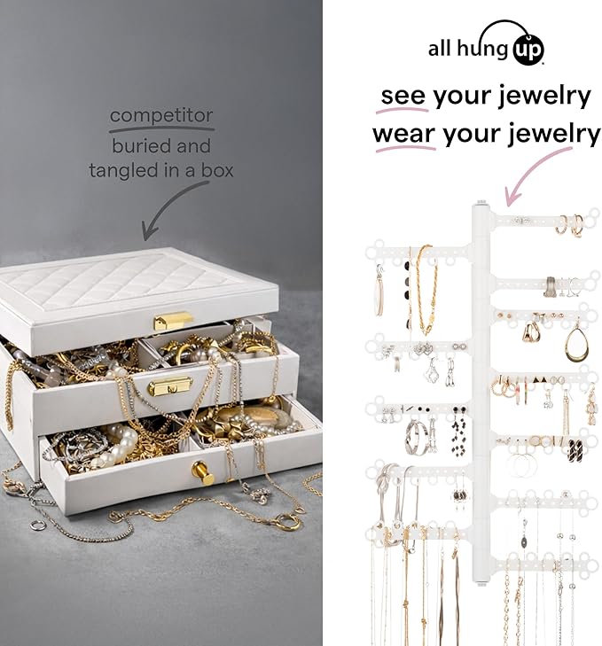 AllHungUp 12-Tier Wall Jewelry Organizer Wall Mounted Jewelry Organizer Necklace Holder Wall Mount Hanging Necklace Organizer Jewelry Hanger Wall Mounted Earring Holder Display Earring Organizer White
