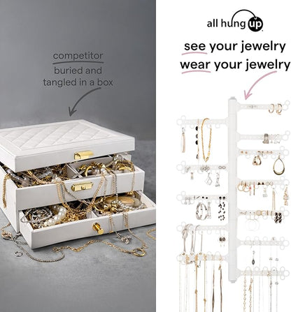 AllHungUp 12-Tier Wall Jewelry Organizer Wall Mounted Jewelry Organizer Necklace Holder Wall Mount Hanging Necklace Organizer Jewelry Hanger Wall Mounted Earring Holder Display Earring Organizer White