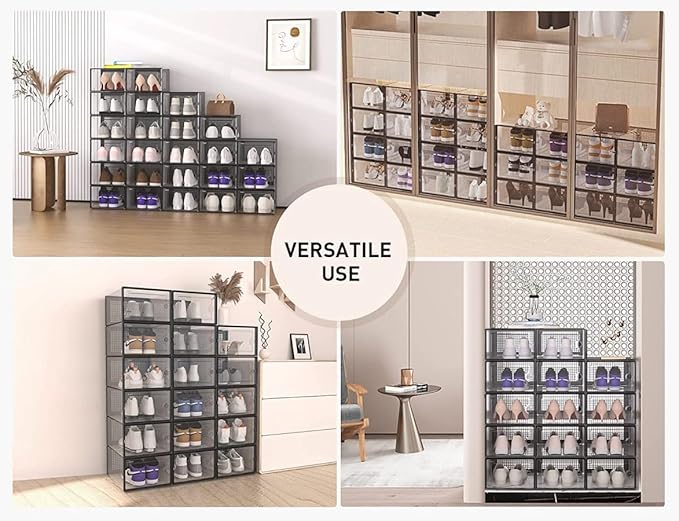 MPM Shoe box 12pcs, Stackable Clear Plastic Shoe Organizer, Shoe Rack, Sneaker Storage Box with Lid, For Men and Women S