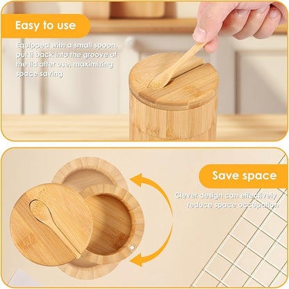 Bamboo Triple Salt Cellar, Salt Cellar with Magnetic Swivel Lid and Spoon, Salt and Pepper Bamboo Container, Large Capacity Salt Container for Sea Salt Coffee Seasoning