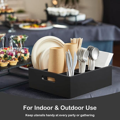 Wood Utensil Holder for Party, 6-Compartment Paper Plate Organizer with Handles, Wooden Silverware Caddy for Picnic, Camping, BBQ, Buffet, and Kitchen Countertop Organization, Black