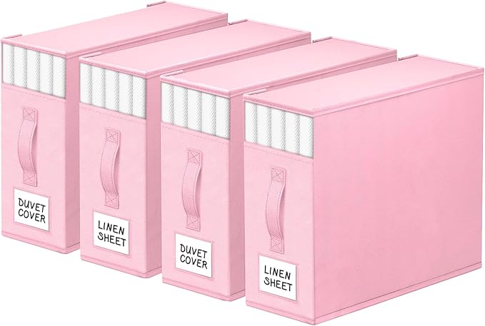 StorageTastic 4 Pack Bed Sheet Closet Organizers and Storage,Sturdy Foldable Storage Containers with Window and Label,Storage and Organization for Bedding Sheets,Duvet Covers,Blankets (Pink)