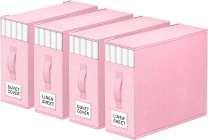 StorageTastic 4 Pack Bed Sheet Closet Organizers and Storage,Sturdy Foldable Storage Containers with Window and Label,Storage and Organization for Bedding Sheets,Duvet Covers,Blankets (Pink)