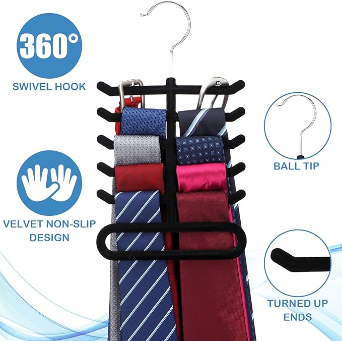 Kathfly 8 Pcs Tie Hanger Organizer, Non-Slip Velvet Closet Rack with 360° Swivel Hook, Space Saving, Holds Ties Belts & Scarves, Durable Multi-Layer Hanger for Closet, Black Flocked