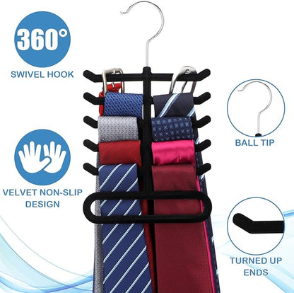 Kathfly 8 Pcs Tie Hanger Organizer, Non-Slip Velvet Closet Rack with 360° Swivel Hook, Space Saving, Holds Ties Belts & Scarves, Durable Multi-Layer Hanger for Closet, Black Flocked