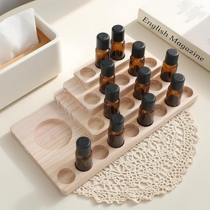Wooden Essential Oil Rack 4 Tier Essential Oil Holder Shelves for Oil Solid Wood Essential Oil Organizer 25-Bottle Essential Oil Display Stand Tabletop Storage Rack for 5-20ml Bottles