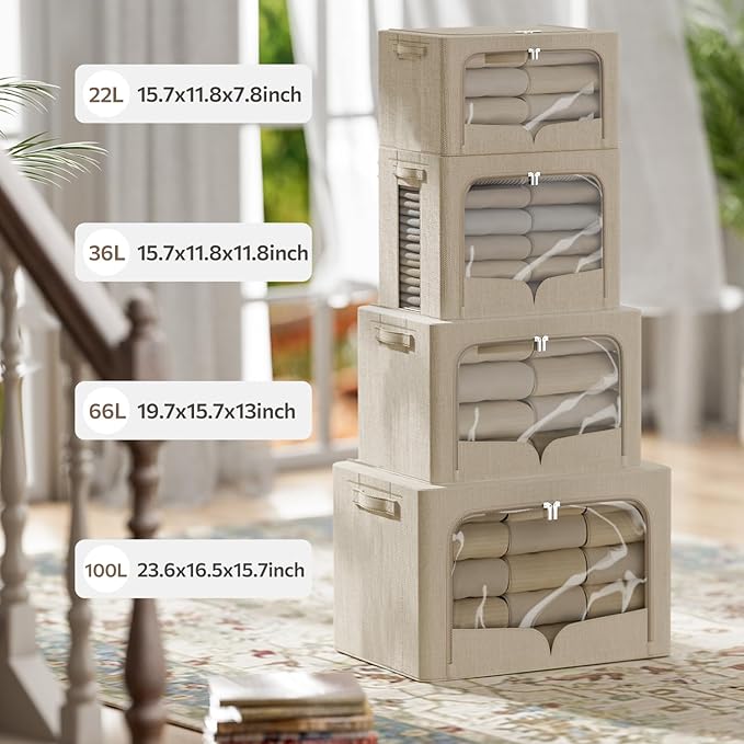 FHSQX 3 Pack Clothes Storage Bins Foldable Metal Frame Storage Box Stackable Linen Fabric Organizer Set with Carrying Handles and Clear Window (Beige, 15.7x11.8x7.8inch(22L))
