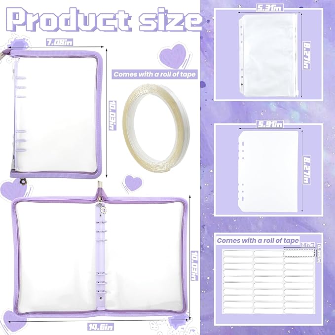 Press On Nail Storage Organizer with 4 Insert Pages - A5 Size Portable False Nail Storage Box for Collecting and Organizing Tips with Tape and Zipper Pocket (Purple)