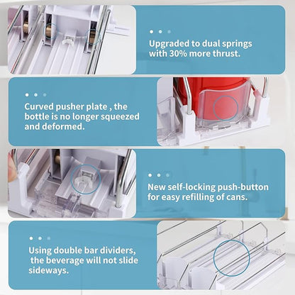 Drink Organizer for Fridge, Upgrade self locking push buttonfor Soda Can Dispenser for Refrigerator, Automatic Pusher Glide and Adjustable Width Can Fridge Organizer Hold up to 12 Cans 3 Rows