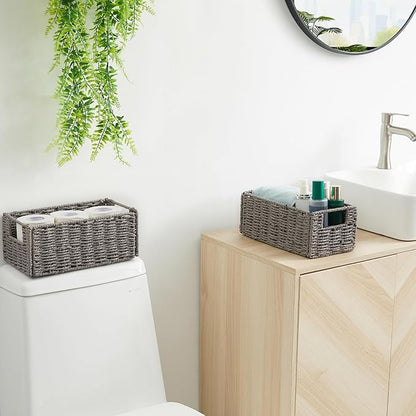 Vagusicc Wicker Storage Basket, Set of 2 Hand-Woven Paper Rope Wicker Basket, Small Storage Baskets for Organizing Toilet Paper, Foldable Large Cube Storage Organizer Bins for Shelves (Grey)