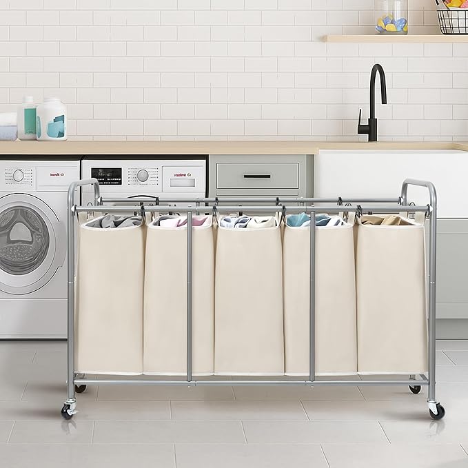 STORAGE MANIAC 5 Section Laundry Sorter, 5 Bins Rolling Separator Laundry Basket, Dirty Clothes Hamper Divider with Heavy Duty Rolling Lockable Wheels, Large Clothes Organizer Cart, Beige