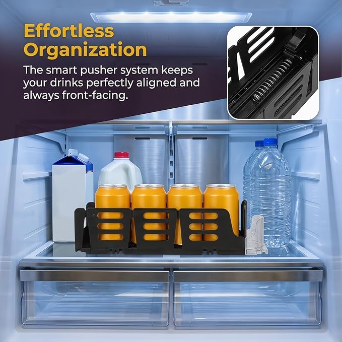 Baluue Drink Organizer for Fridge, Single Row Automatic Soda Can Dispenser, Spring Push Self-Pushing Glide Holder for Beverage Cans in Mini Refrigerator Storage