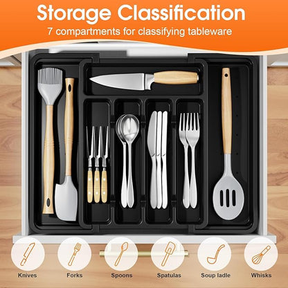 SpaceHacks Silverware Organizer，Adjustable & Expandable Utensil Drawer Organizer, BPA Free Utensil Holder, Cutlery Tray for Forks, Spoons, Knives in Kitchen, Medium, Black