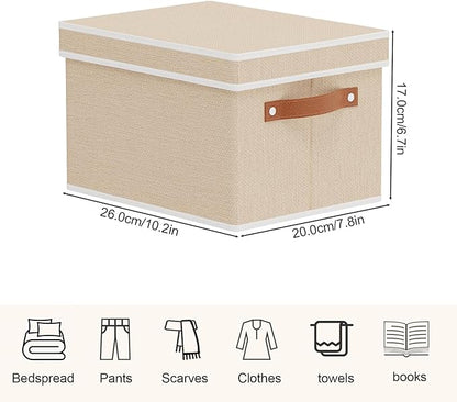 Fabric Storage Boxes with Lids, 10.2×7.8×6.7 Inch Clothes Bins for Shelves, Closet Organizers for Organizing with Handles, Beige, 3-Pack