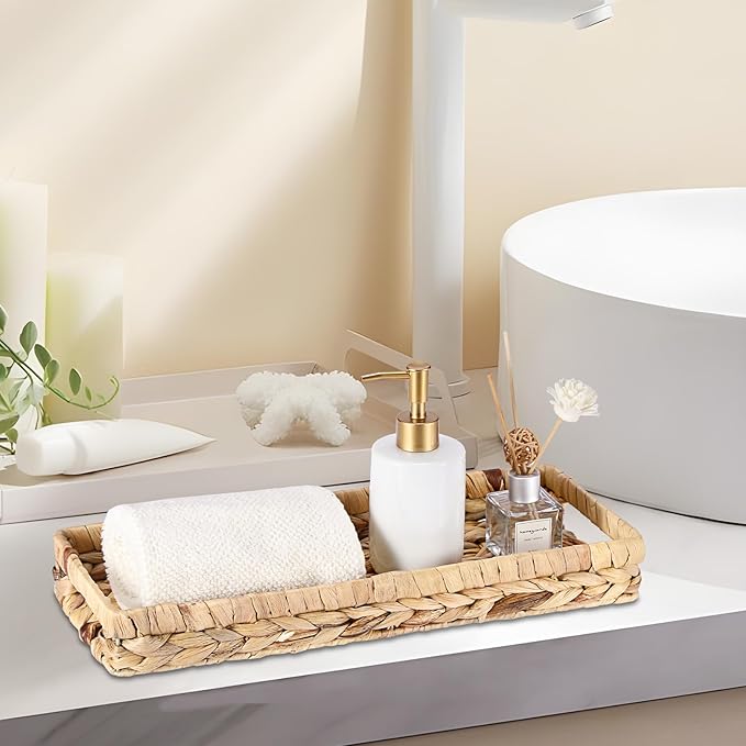 Bathroom Vanity Tray, Water Hyacinth Narrow Counter Tray with Handles, Decorative Woven Organizer Trays for Toilet Tank, Shelves, Farmhouse Hand Towels Basket Holder for Storage (Large)