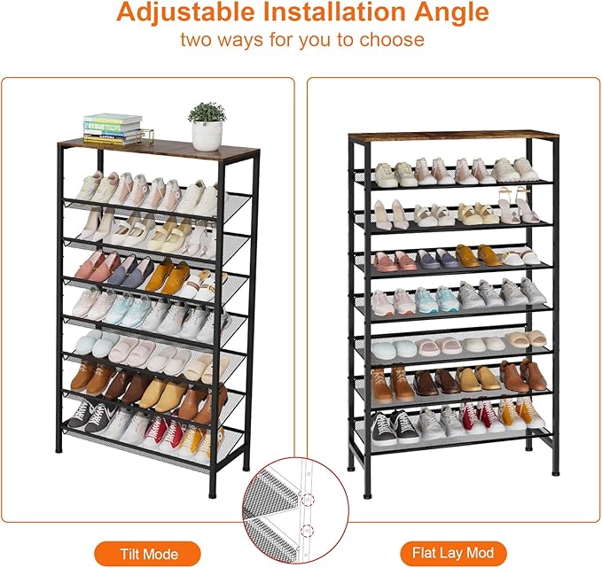 Large Shoe Rack 8 Tier Shoe Organizer, Heavy Duty Metal Shoe Storage Vertical Shoe Rack for Closet Front Door Entrance, Up to 28 Pairs, Top Wooden Storage Shelf, Black