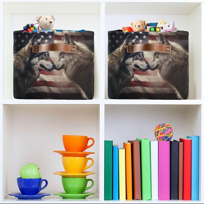 Large Storage Basket Wolf Usa Flag Storage Bin Cube Canvas Fabric Organizer Handles Collapsible for Clothes Toys Bedroom Decorative