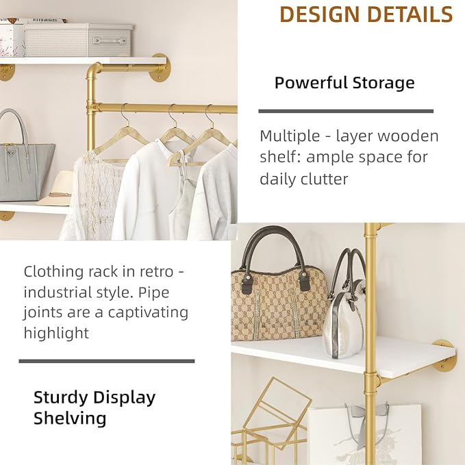 Industrial Pipe Clothing Rack, Wall Mounted DIY Garment Rack with 2 Adjustable Rod & 5 Shelves, Heavy Duty Closet Organizers System in Wardrobe Closet, Gold