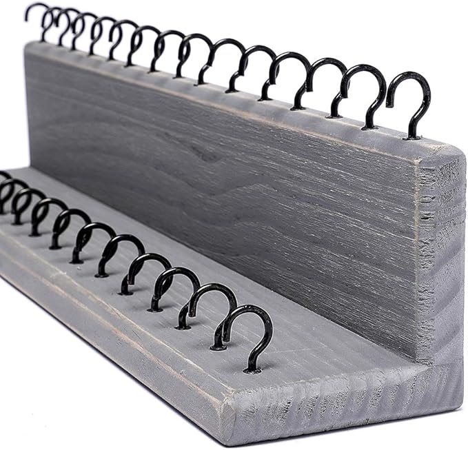 SANY DAYO HOME Jewelry Organizer with 30 Hooks and Cosmetics Shelf, 15 x 3 x 4 inches Wall Mounted Rustic Pine Wood Holder for Necklaces and Bracelets, Suitable for Kids and Adults (Gray)