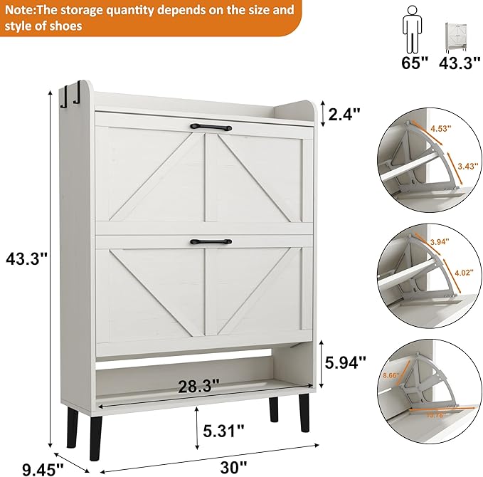 HOMEFORT Shoe Storage Cabinet for Entryway, Slim Shoe Organizer with Two Flip Drawers, Narrow Shoe Rack Cabinet with Wood Legs, Farmhouse Hidden Shoe Cabinet for Front Door Entrance,Antique White