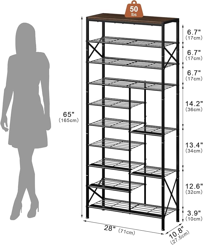 10-Tier Shoe Rack, Shoe Storage Organizer with Boots Storage, Large Capacity Shoe Shelf Holds 27-30 Pairs of Shoes, Durable and Stable, for Entryway, Closet, Hallway, Dorm Room, Rustic Brown