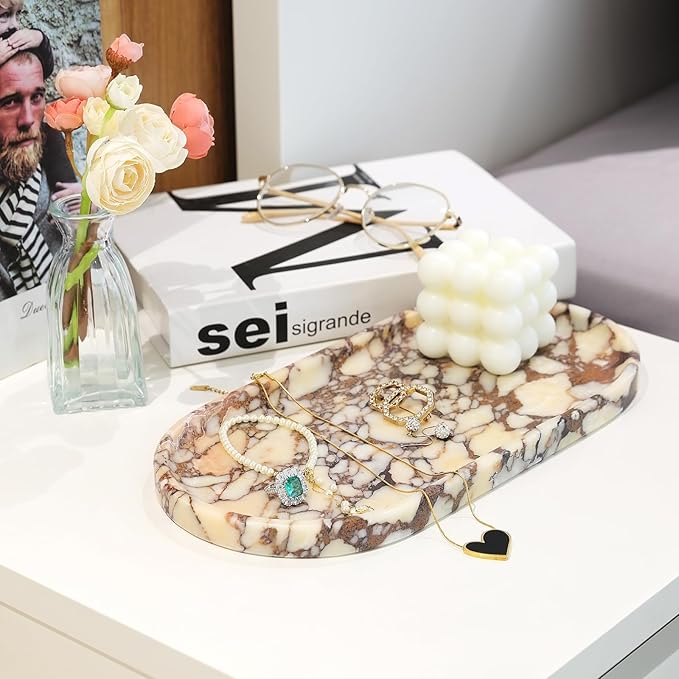 Koville Natural Decorative Marble Bathroom Tray, 12"x6" Calacatta Viola Marble Catchall Tray for Bathroom, Stone Perfume Trays Jewelry Dish, Stone Storage Trays for Home Decor（Textural Differences）