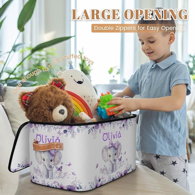 Custom Elephant Storage Bins with Lid, Foldable Personalized Storage Basket Boxes with Handle Purple Flowers Shelf Basket Closet Organizer Cube
