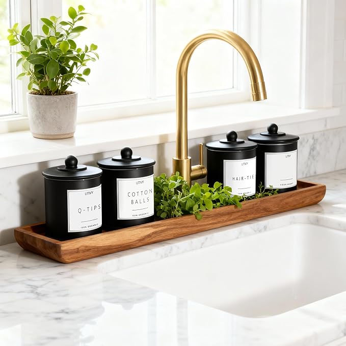 LITIVY 4 Pack Bathroom Organizers and Storage - 16 Oz Glass Qtip Holder & Cotton Pad Dispenser with Lid, Apothecary Jars for Home, Room Decor, Kitchen Organizer (Black)
