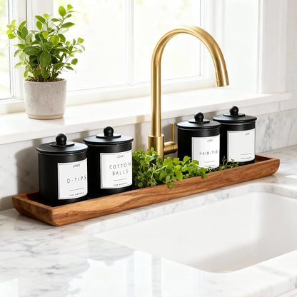 LITIVY 4 Pack Bathroom Organizers and Storage - 16 Oz Glass Qtip Holder & Cotton Pad Dispenser with Lid, Apothecary Jars for Home, Room Decor, Kitchen Organizer (Black)