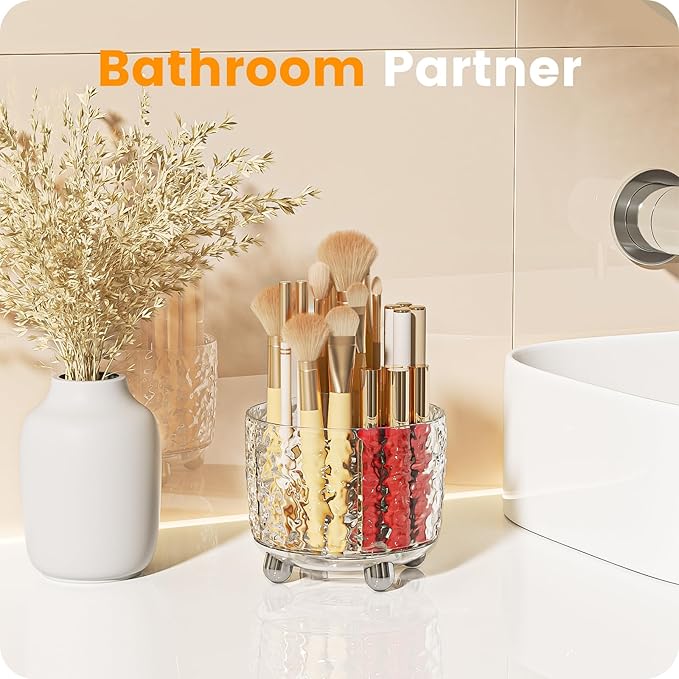 A-LuGei 【Crystal Design 𝟰.𝟳" Makeup Brush Holder Organizer, 𝟯𝟲𝟬° Rotating Makeup Organizer, 6 Slot Makeup Organizer Countertop, Vanity Organzier, Pen Holder for Desk Office Bathroom Desktop