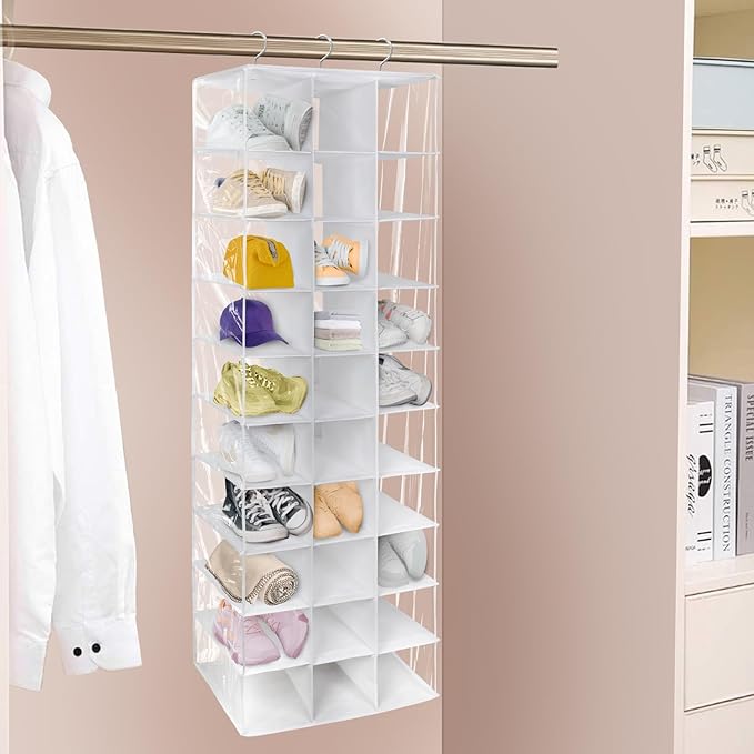 Libeder Hanging Closet Organizers - 30 Section Shoe Shelves, Space Saving Shoe Holder, White