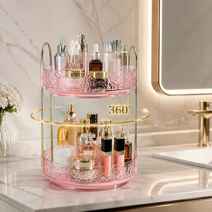 Fangoo 2 Tiers Pink Rotating Makeup Organizer for Vanity, 360 Spinning Skincare Organizers for Dresser Perfume Organizer Large Skincare Make up Storage Cosmetic Organizer for Bathroom Countertop
