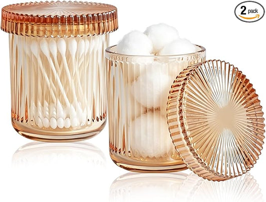 2 Pack Ribbed Glass Qtip Holder with Lid, Apothecary Storage Jars, Bathroom Vanity Countertop Organizer for Cotton Swabs, Cotton Balls, Pads, Floss Picks, Hair Ties, Makeup Accessories (Amber)