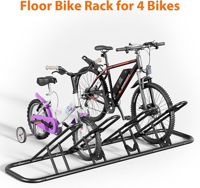 Mr IRONSTONE Floor Bike Rack for Garage, Indoor/Outdoor Bicycle Storage Stand, Parking Rack for Mountain, Road & Kids Bikes (Black, 4-Slot)