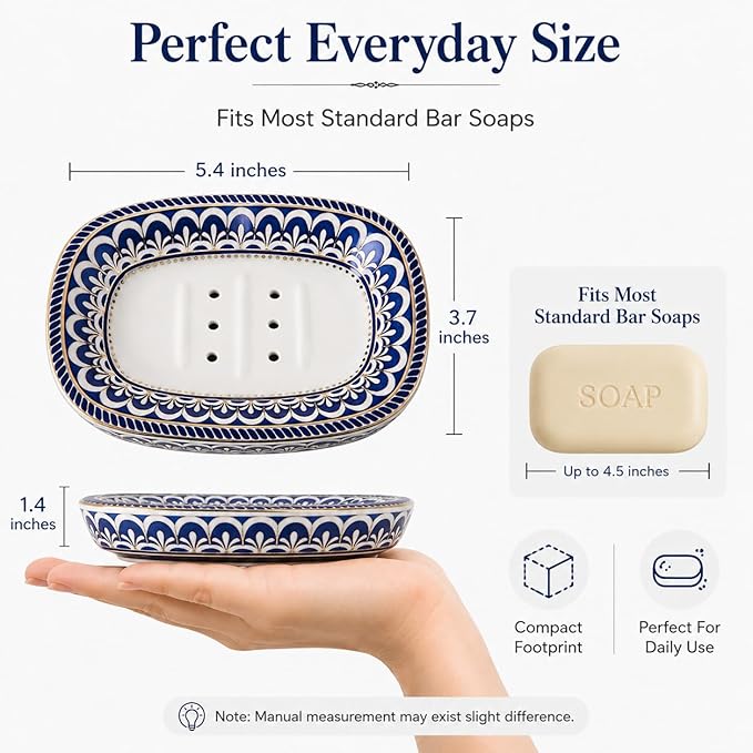 Double-Layer White Ceramic soap Dish: self-draining Ceramic soap Holder with a Vintage Decorative Style, Suitable for soap on Bathroom Sinks, Small and Cute, with Elegant Patterns.