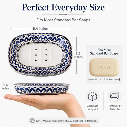Double-Layer White Ceramic soap Dish: self-draining Ceramic soap Holder with a Vintage Decorative Style, Suitable for soap on Bathroom Sinks, Small and Cute, with Elegant Patterns.