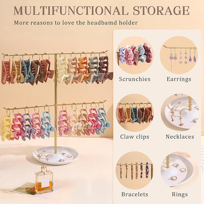 Metal Claw Clip Organizer, 2-Tier Hair Clip Holder Stand with Tray, Hair Clip Storage Display Rack with 20 Golden Rings, Hair Accessories Organizer Room Decor for Women and Girls