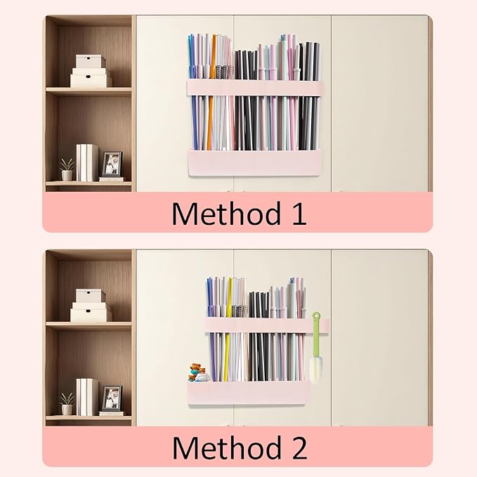 Strong Adhesive Backing Straw Storage Box, Split Type Silicone Straws Dispenser Adjustable Height Straw Holder for Cabinet (Pink)