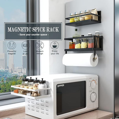 Magnetic Paper Towel Holder, 2-in-1 Magnetic Spice Rack with Hooks,Wall Mount Shelf Towel Rack for Refrigerator (Black, With hook)